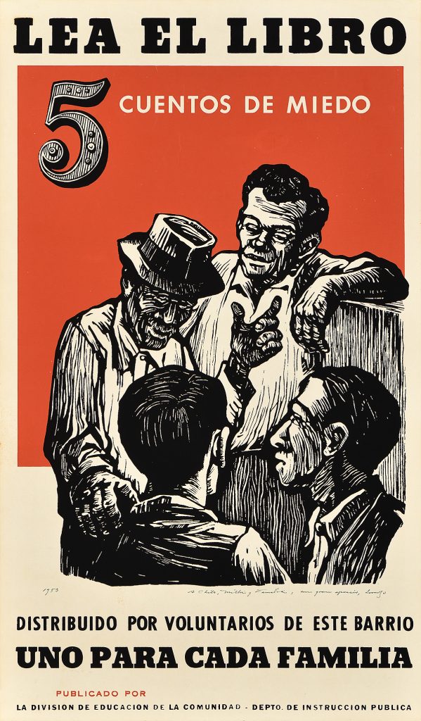 Poster of four men huddled in discussion on a red background.