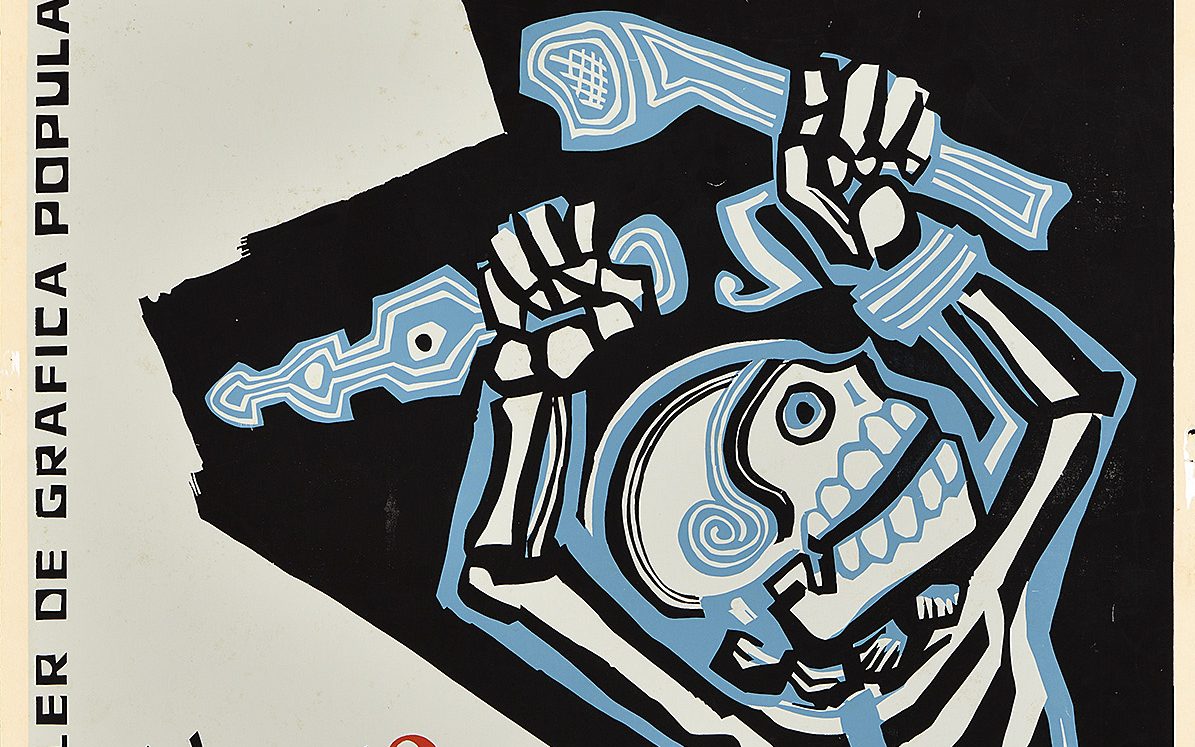 Poster of a skeleton raising two weapons and dancing.