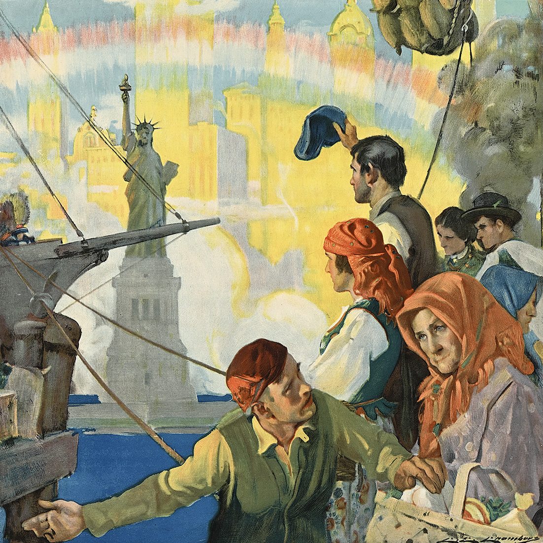 A group of immigrants cheer in celebration in the foreground of the Statue of Liberty.