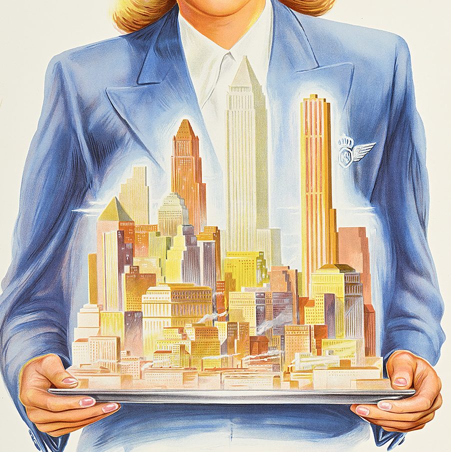 A female flight attendant holds the city of new york on a platter