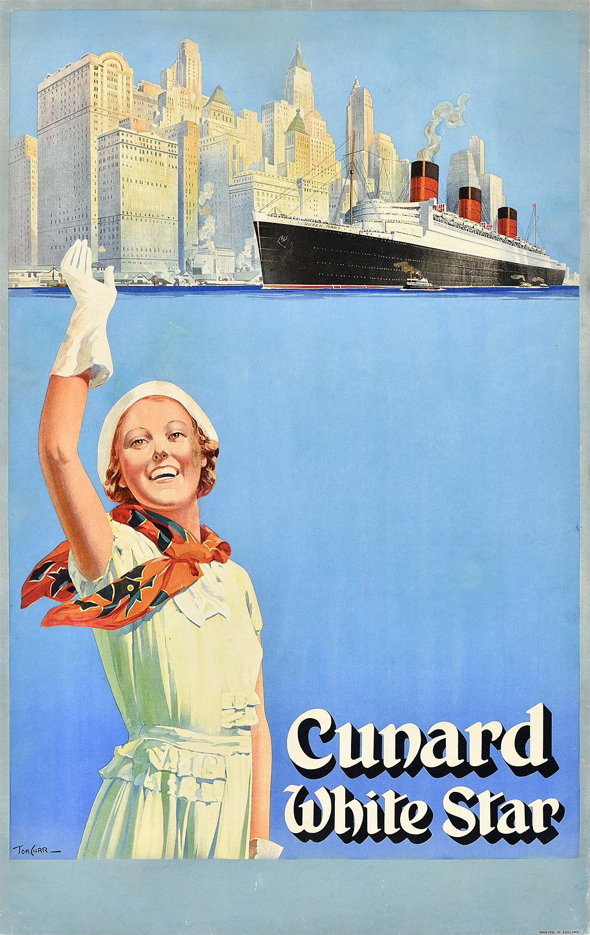 Poster of a woman in a dress waving at a passing cruise ship against a city skyline.