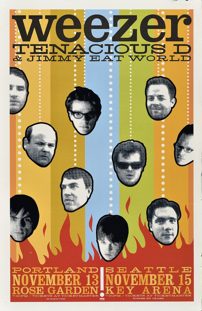 Poster of many black and white floating heads on a striped muted tone backdrop with flames at the bottom.