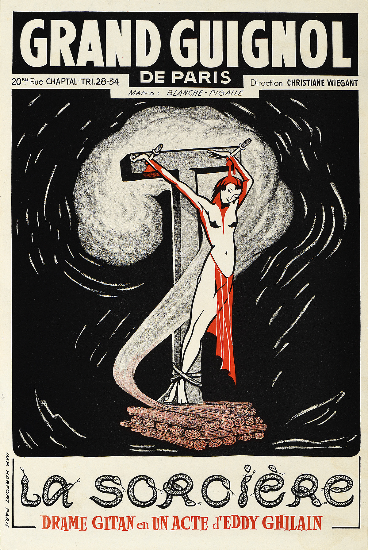 Poster of a half-naked witch being crucified.