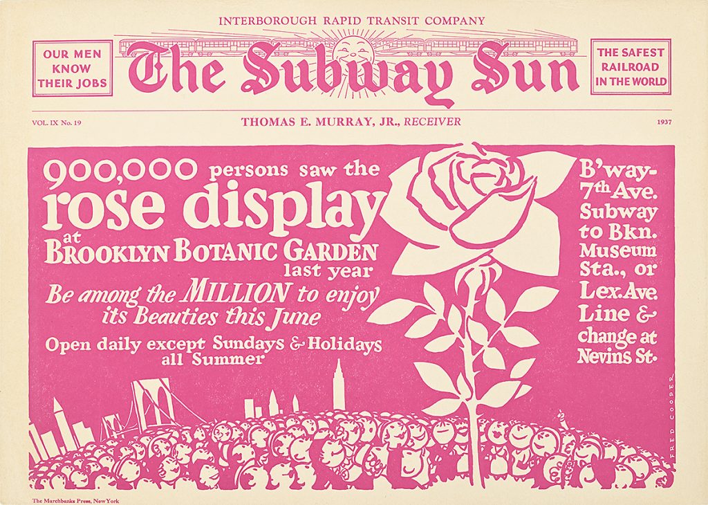 Poster of a crowd of people staring up at a giant rose.