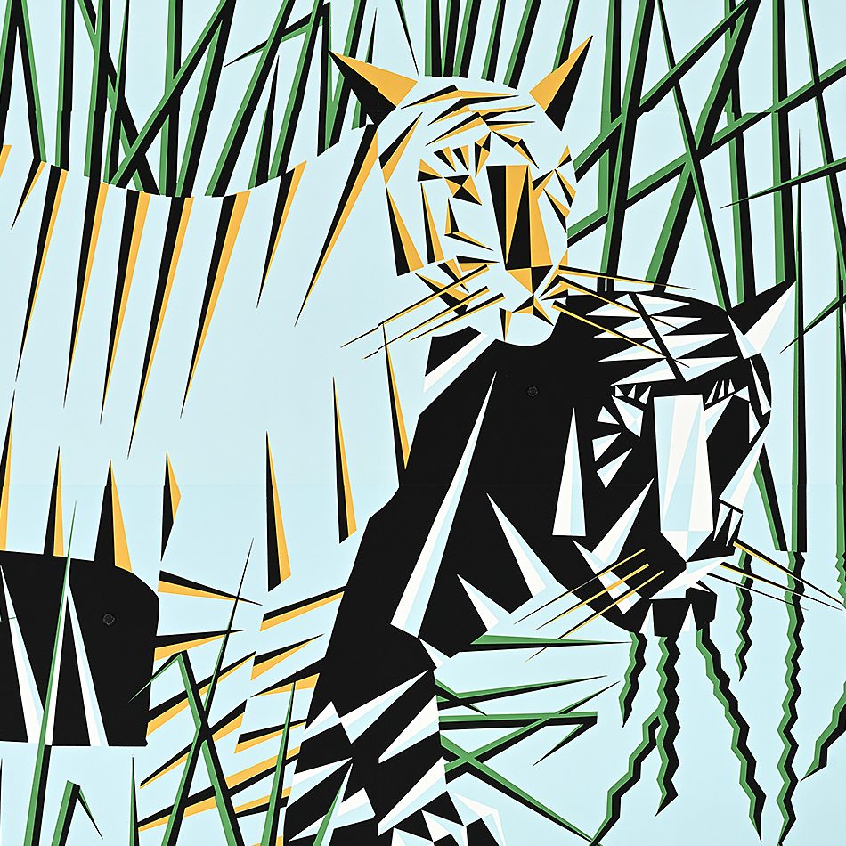 Two stylized panthers lure in a field