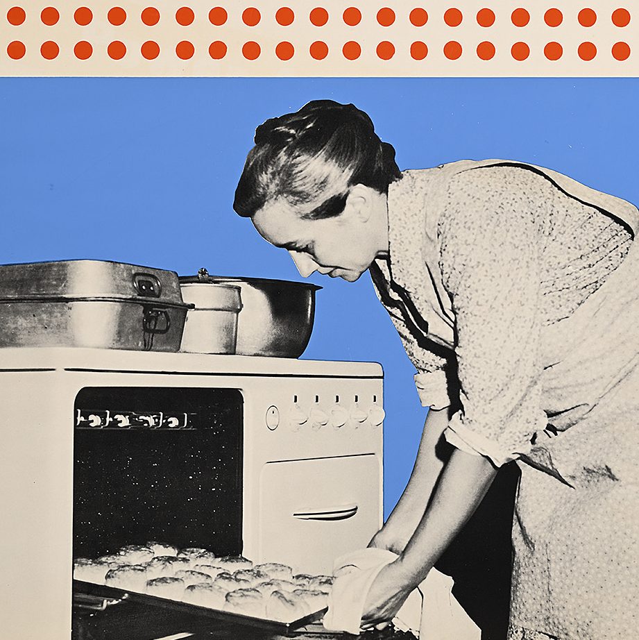 Poster of a woman opening an oven and baking.