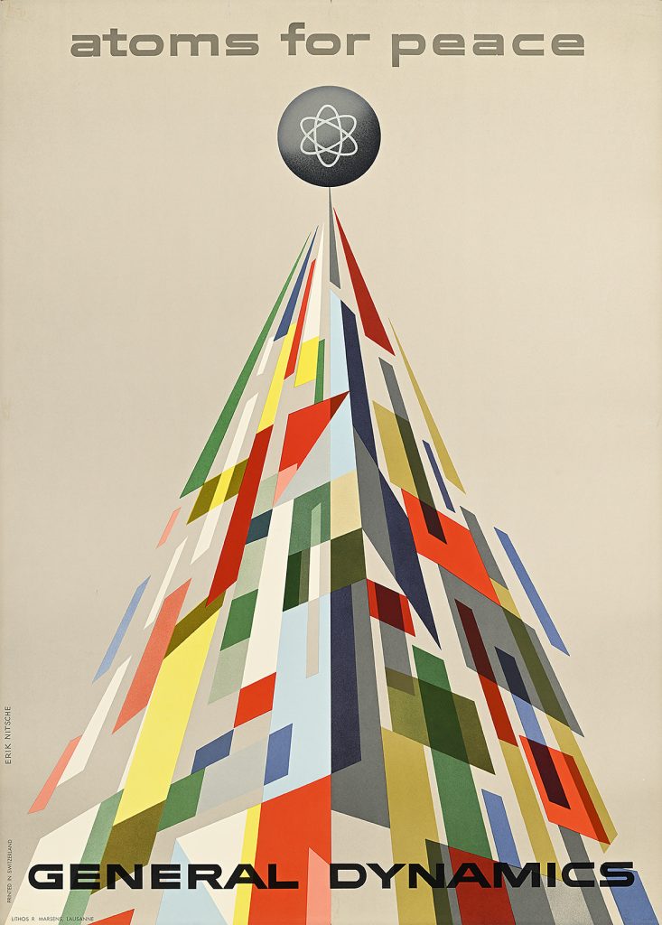 Poster of a pyramid of flags capped with an atomic symbol.