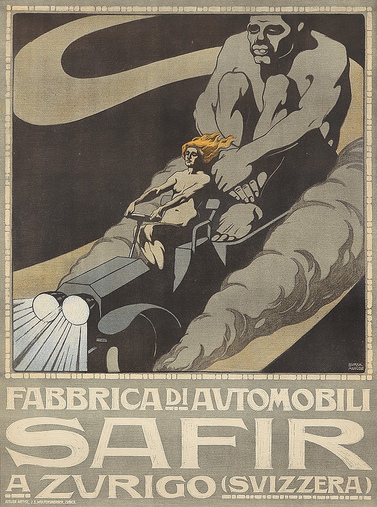 Poster of a naked woman driving a giant ogre in the back of her car.