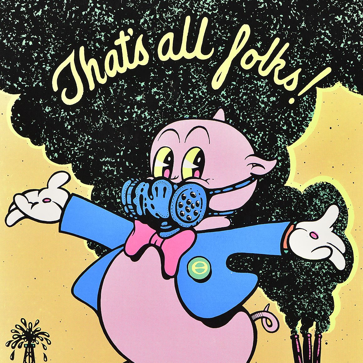 Porky pig in a gas mask stands in the foreground of a polluting coal plant