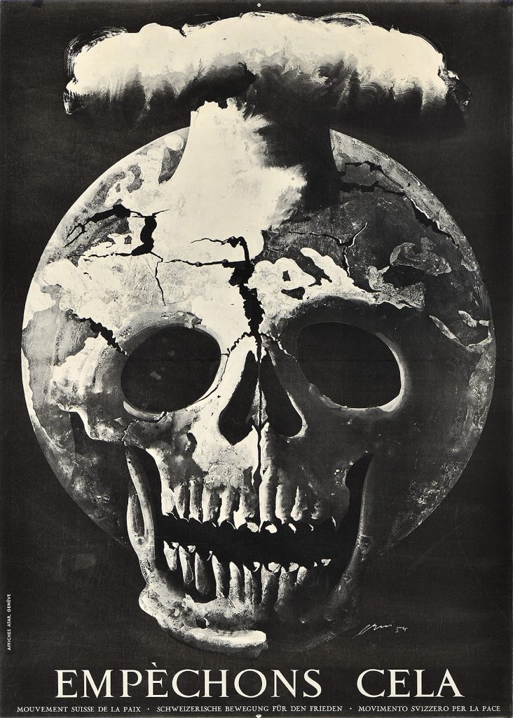 Poster of a skeleton over an exploding earth.