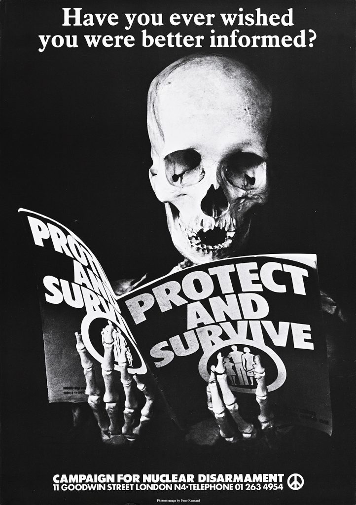 Poster of a skeleton reading a civil defense magazine.