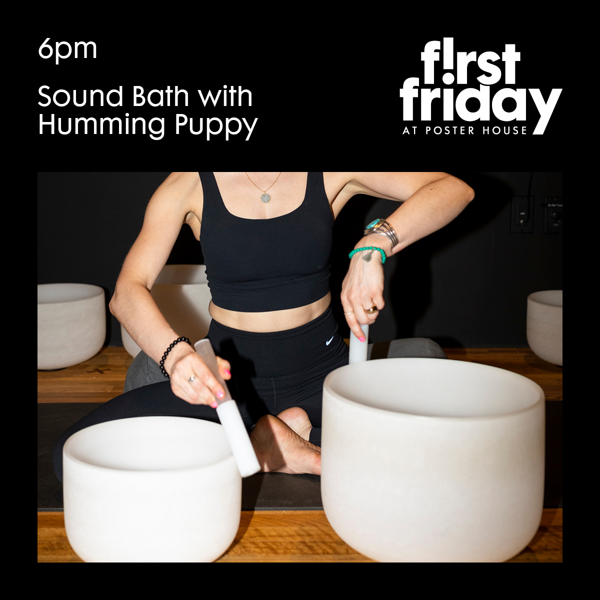 A woman uses two bowls to make a soundbath