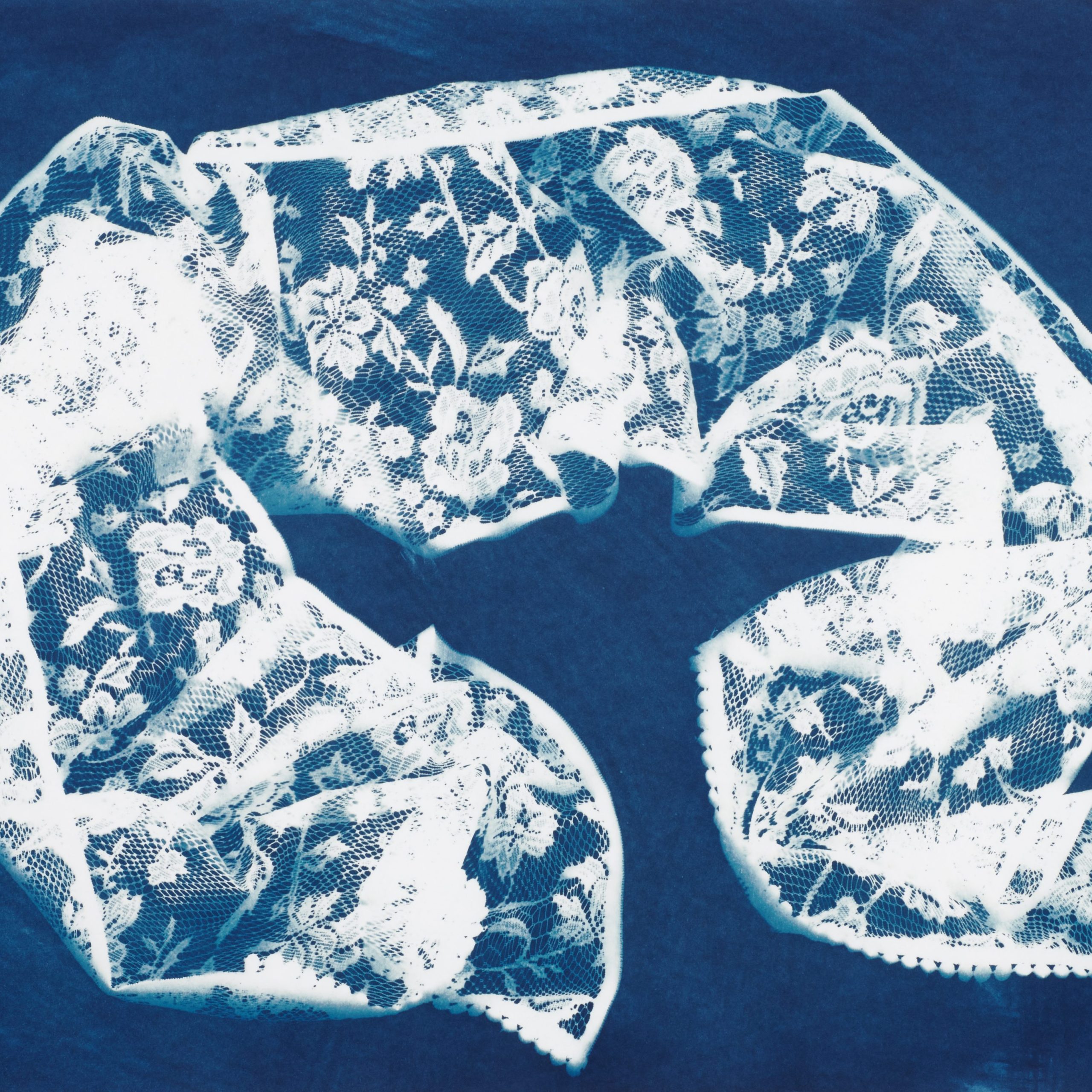 A cyanotype of a silk scarf.