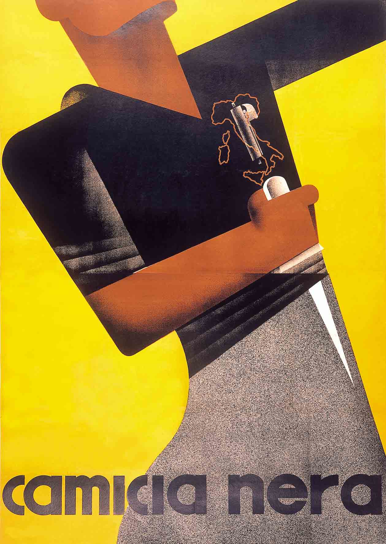 Poster of a torso wearing a black shirt and holding a dagger in front of its hip.