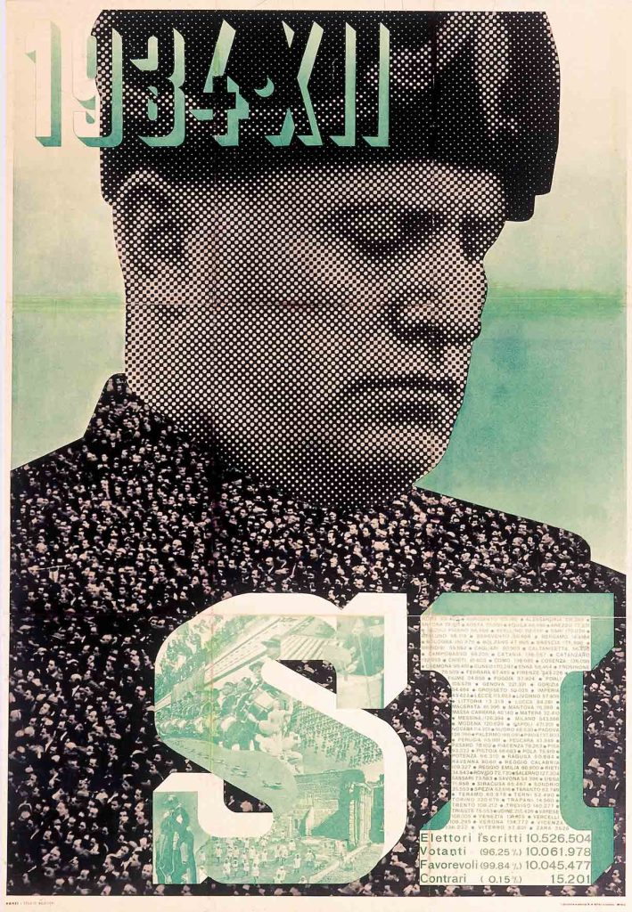 Photomontage poster of Mussolini looking dour with his body covered in tiny heads.