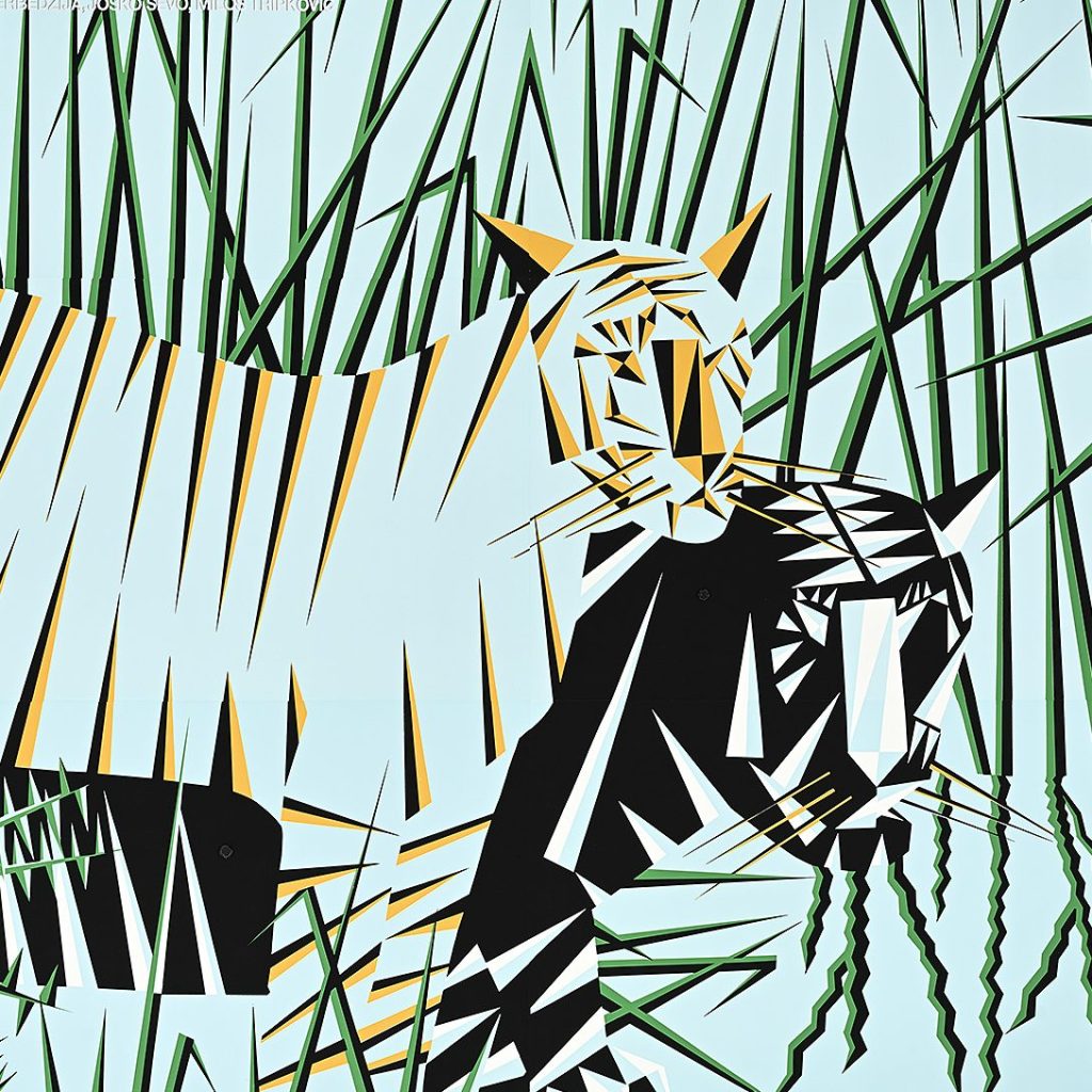 Two stylized panthers lure in a field