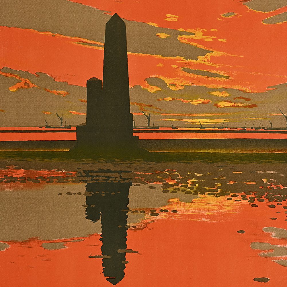 Poster of a monument backlit in orange by a dramatic sunset.