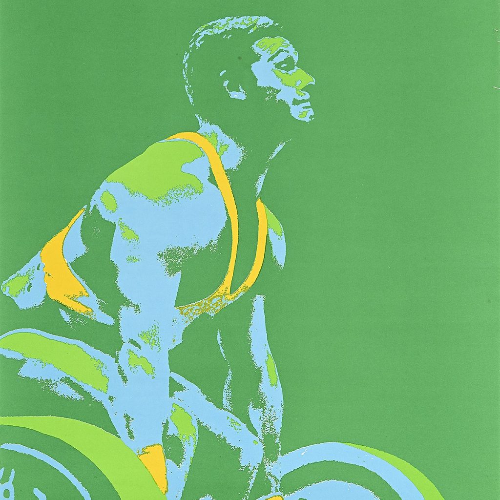 Poster of an athlete lifting a very heavy weight on a green background.