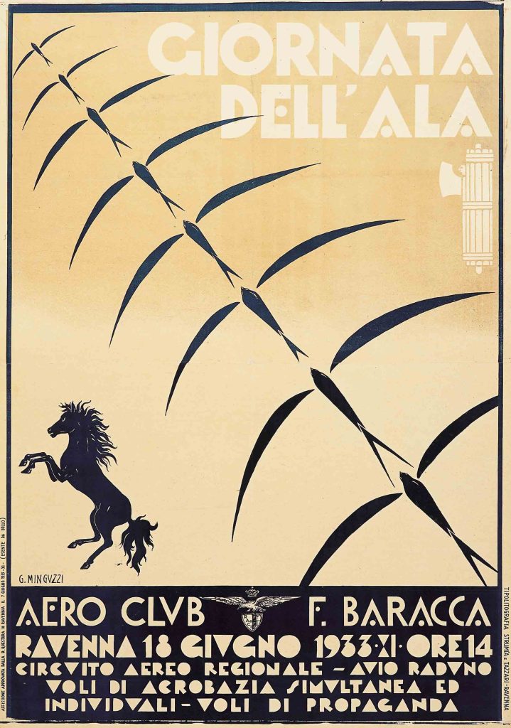 Poster of a legion of delicate aviation wings shooting to the upper left corner of the poster while a rearing horse bucks in the lower left.