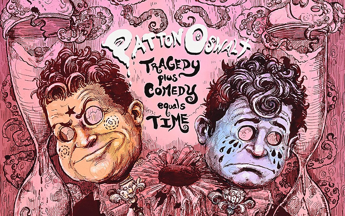 Poster of two faces of a famous male comedian in comedy and tragedy mode on a pink background.
