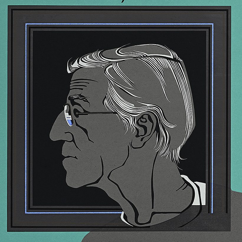 A stylized poster image of a profile of a man's face in a frame