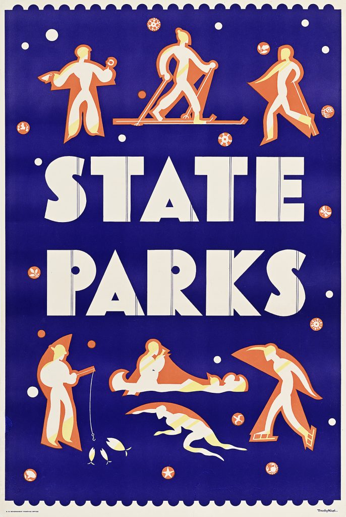 Poster of six figures enjoying winter sports around the words State Parks.