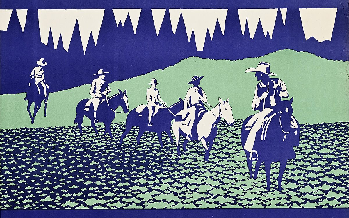 Poster of four cowboys crossing a river.