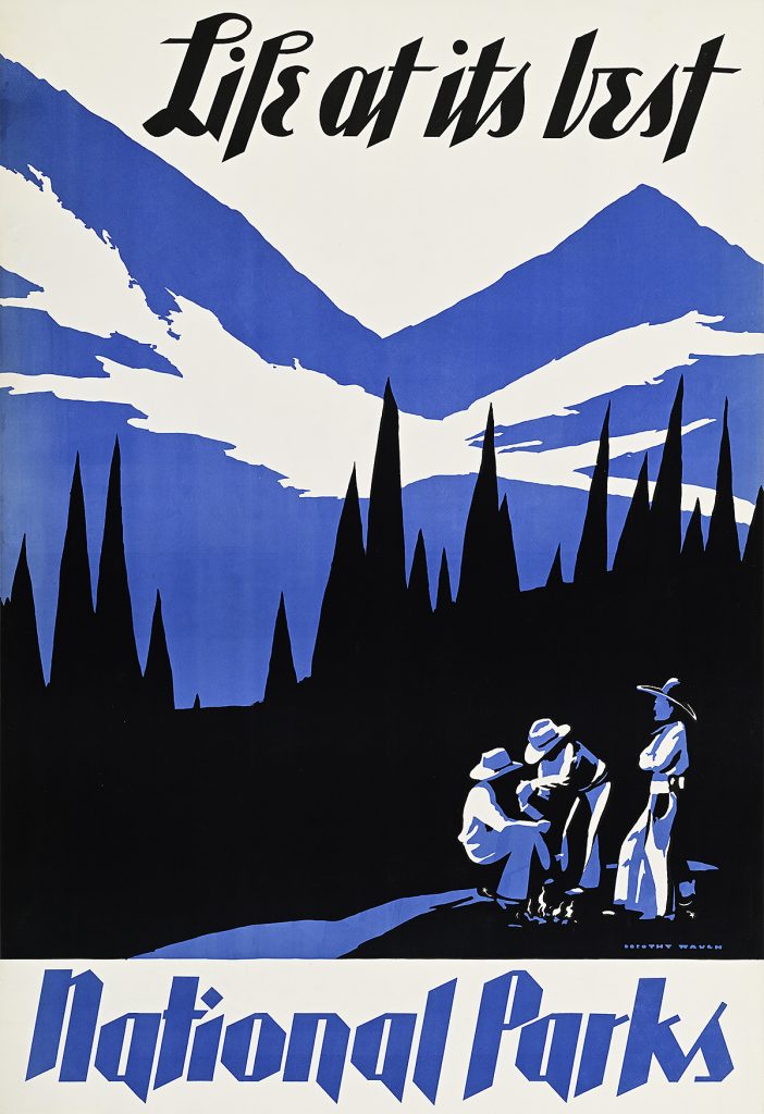 Poster of three cowboys around a fire at sunset, blue mountains in the background.