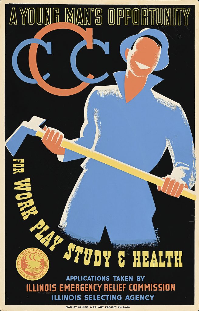 Poster of a faceless worker holding a pick axe against a black background.