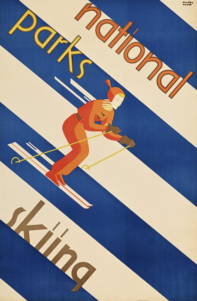 Poster of a single skier in a red snowsuit hurdling down a blue and white striped geometric mountain.