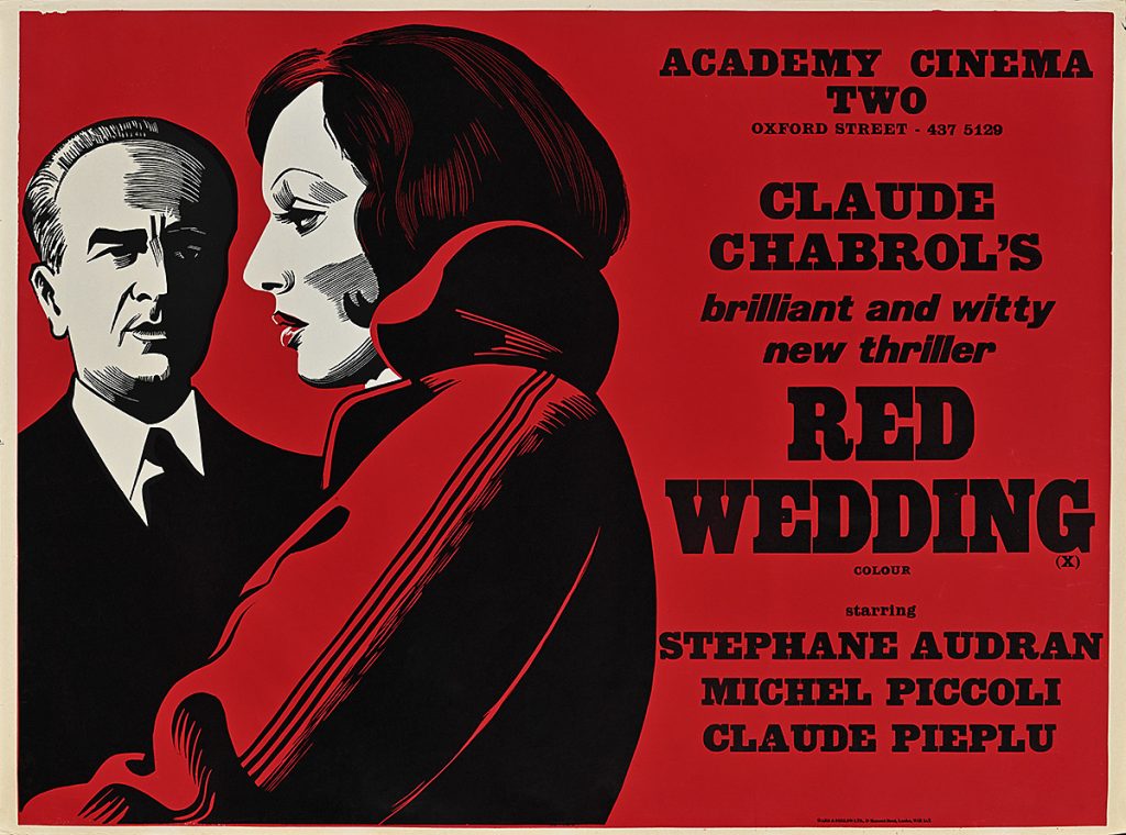 Poster of a woman looking to the left wearing a trench coat with a man staring at her in the distance.