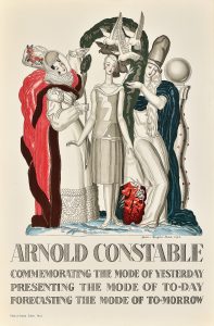 A poster of regal, mystical looking figures with birds flying overhead. The text reads Arnold Constable