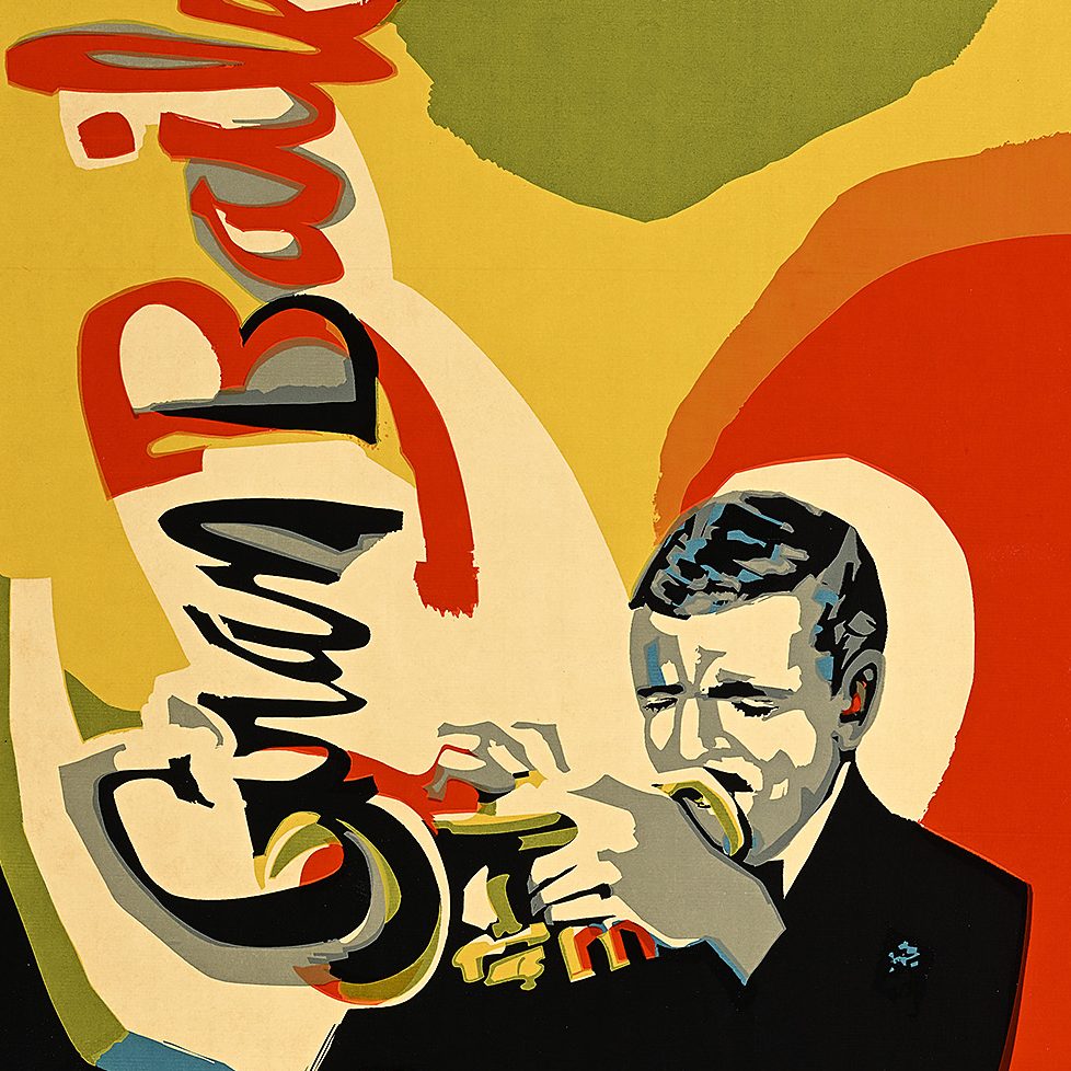 A stylized poster image of a man playing an instrument