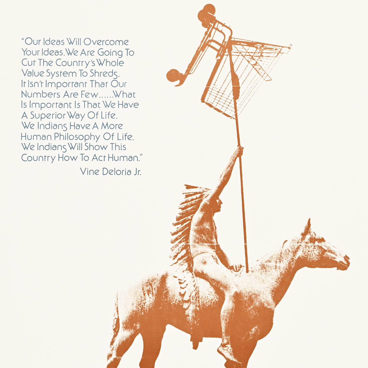 A poster image of a mounted Indian statue holding shopping cart