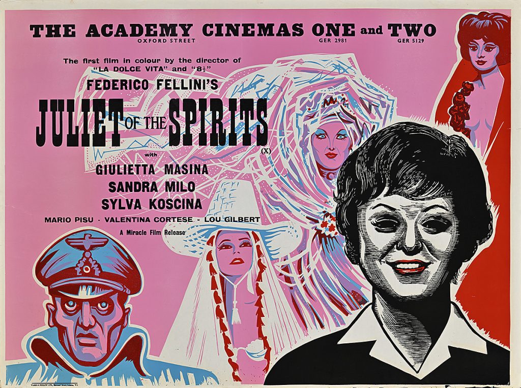 Poster of a middle aged woman surrounded by fantastical characters in elaborate costumes.