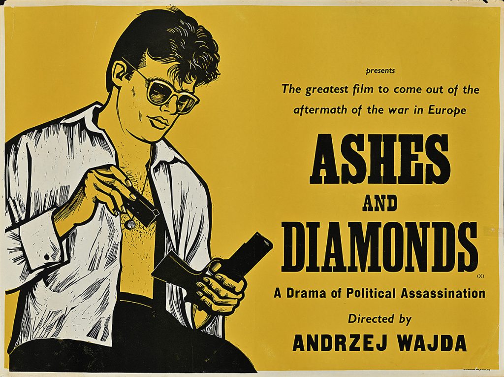Poster of a man with his shirt unbuttoned loading a gun.