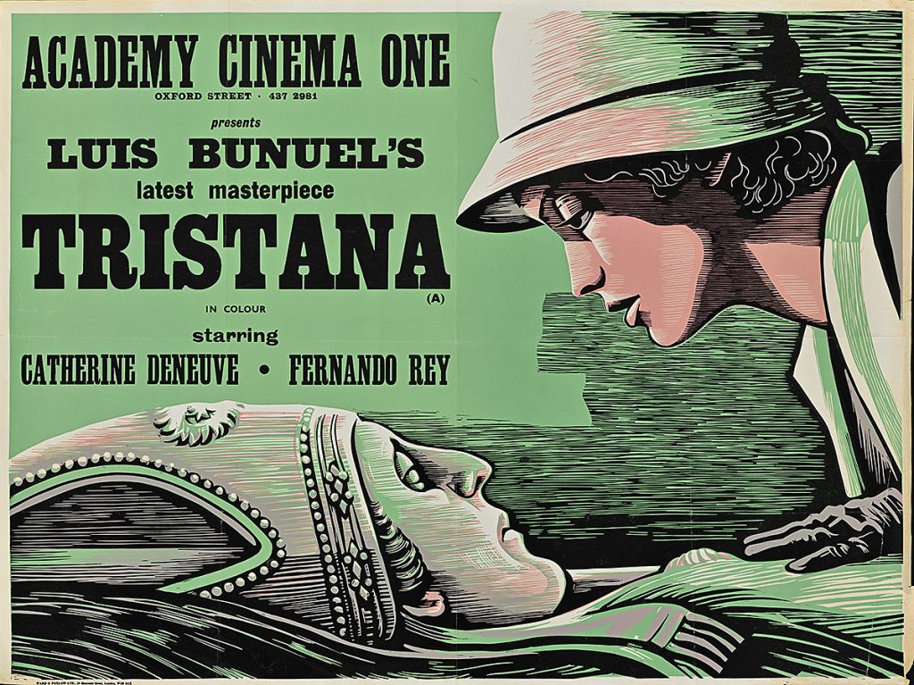 Poster of a woman in a hat staring down at a dying man.