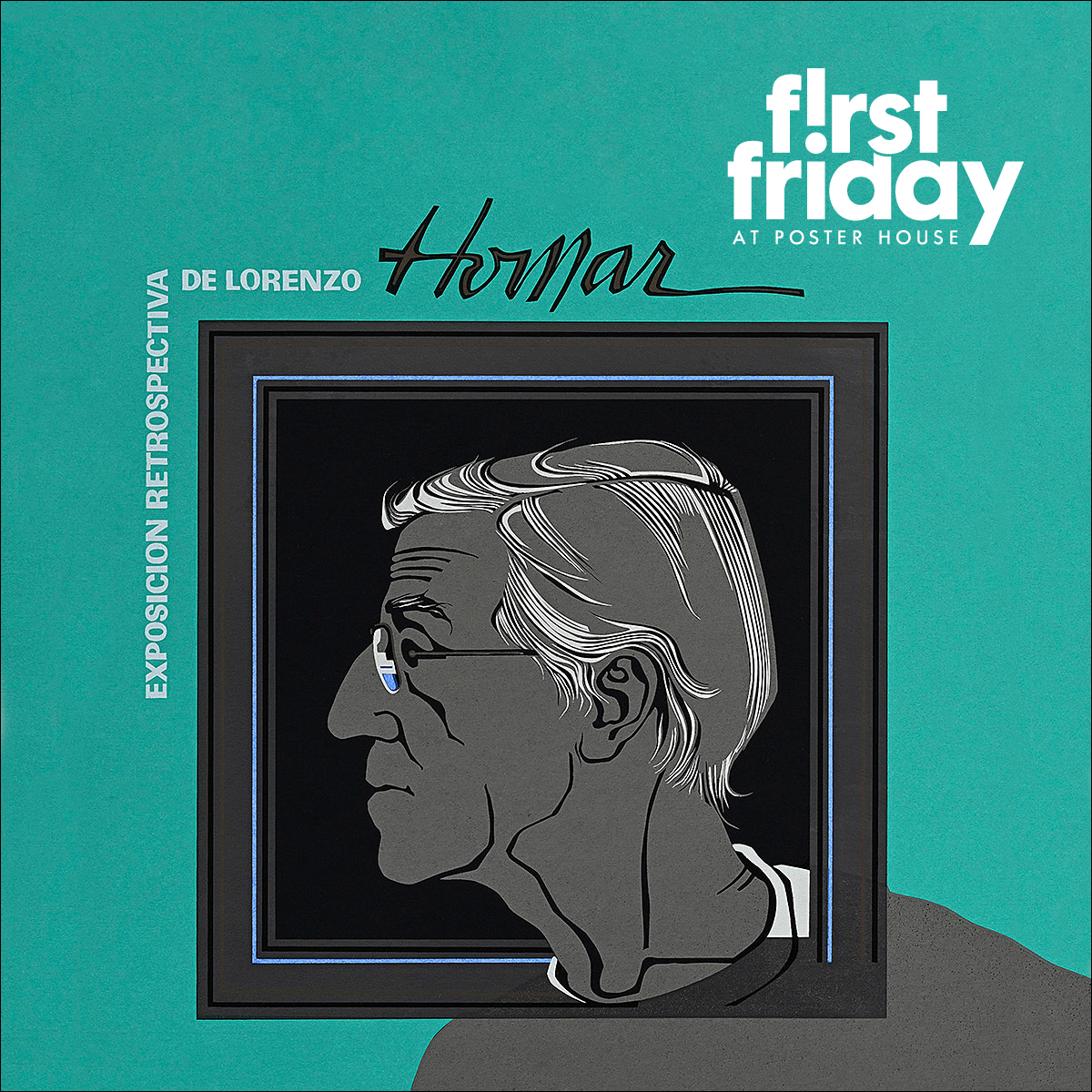 A stylized poster image of the side profile of a man in a gray box against a teal background