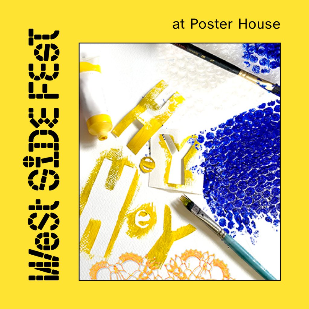 A digital yellow square and a multicolored image with black lettering