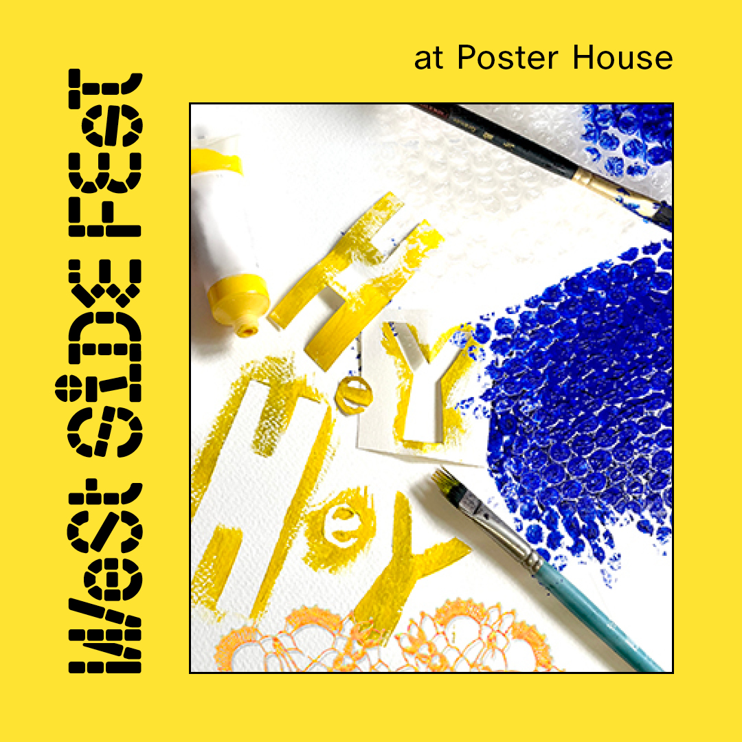 A digital yellow square and a multicolored image with black lettering