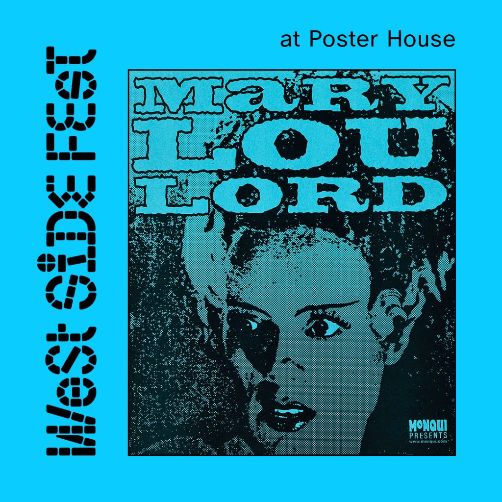 A digital teal square and a multicolored image with black lettering