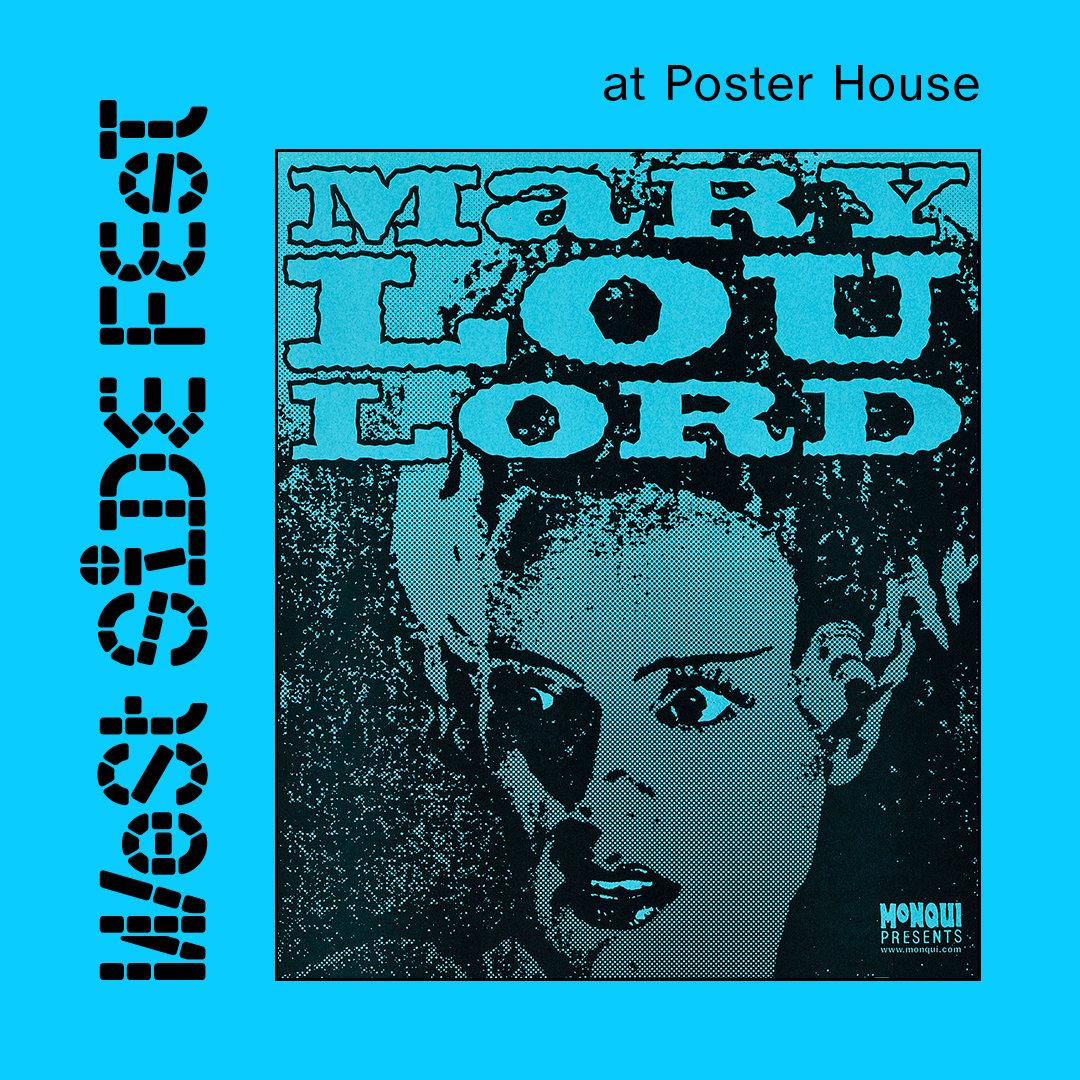 A digital teal square and a multicolored image with black lettering
