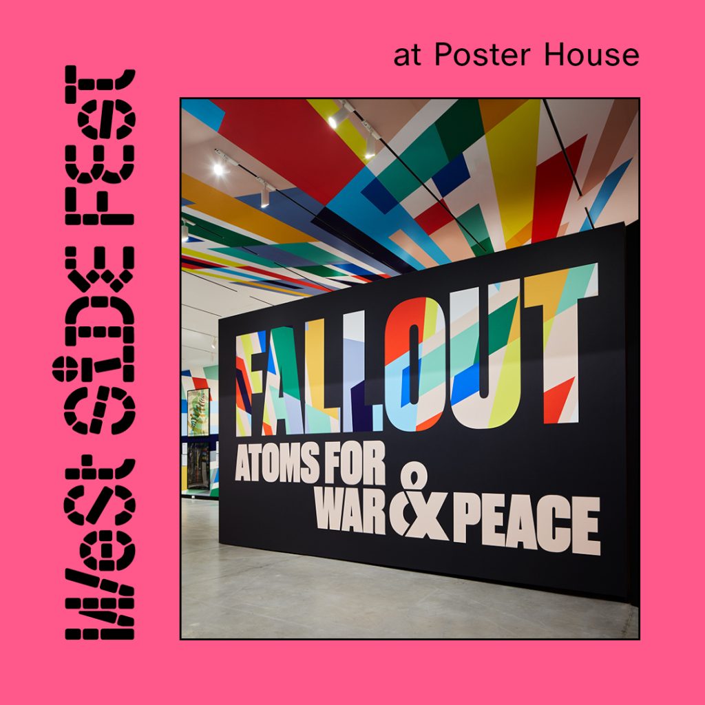 A digital pink square and a multicolored image with black lettering