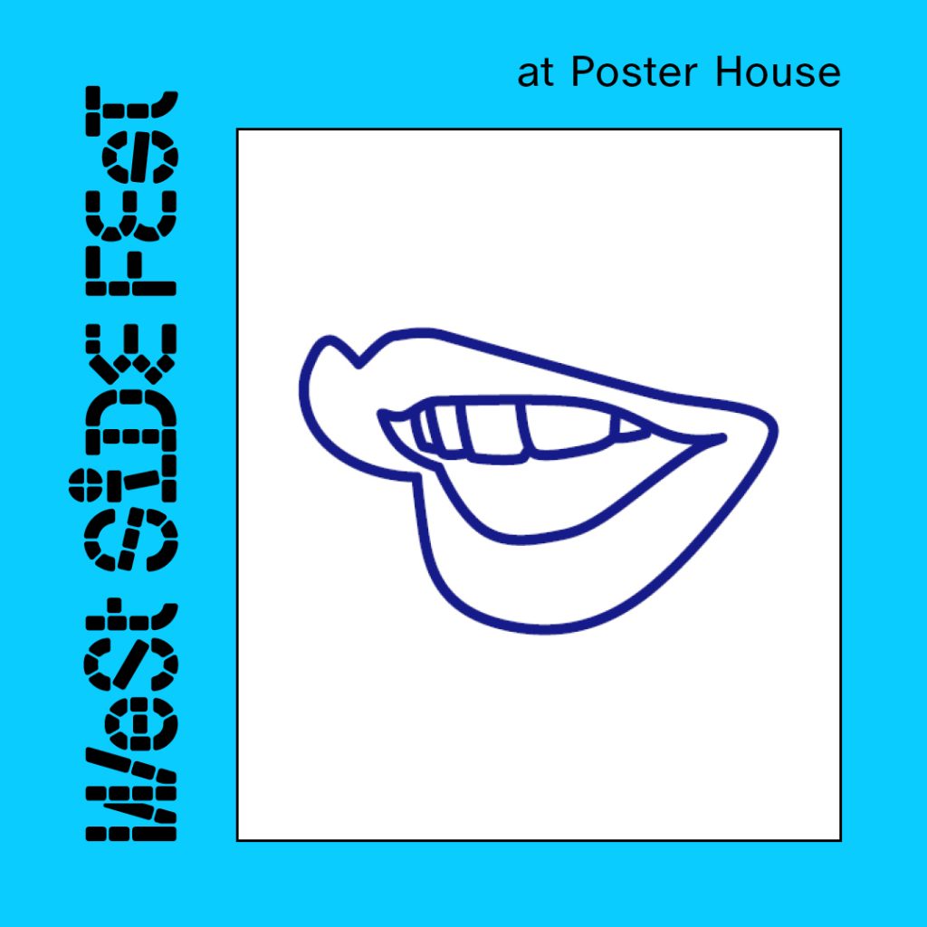 A digital teal square and a multicolored image with black lettering