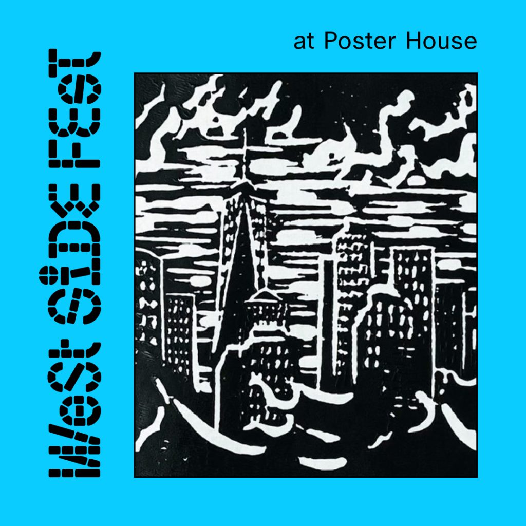 A digital teal square and a multicolored image with black lettering