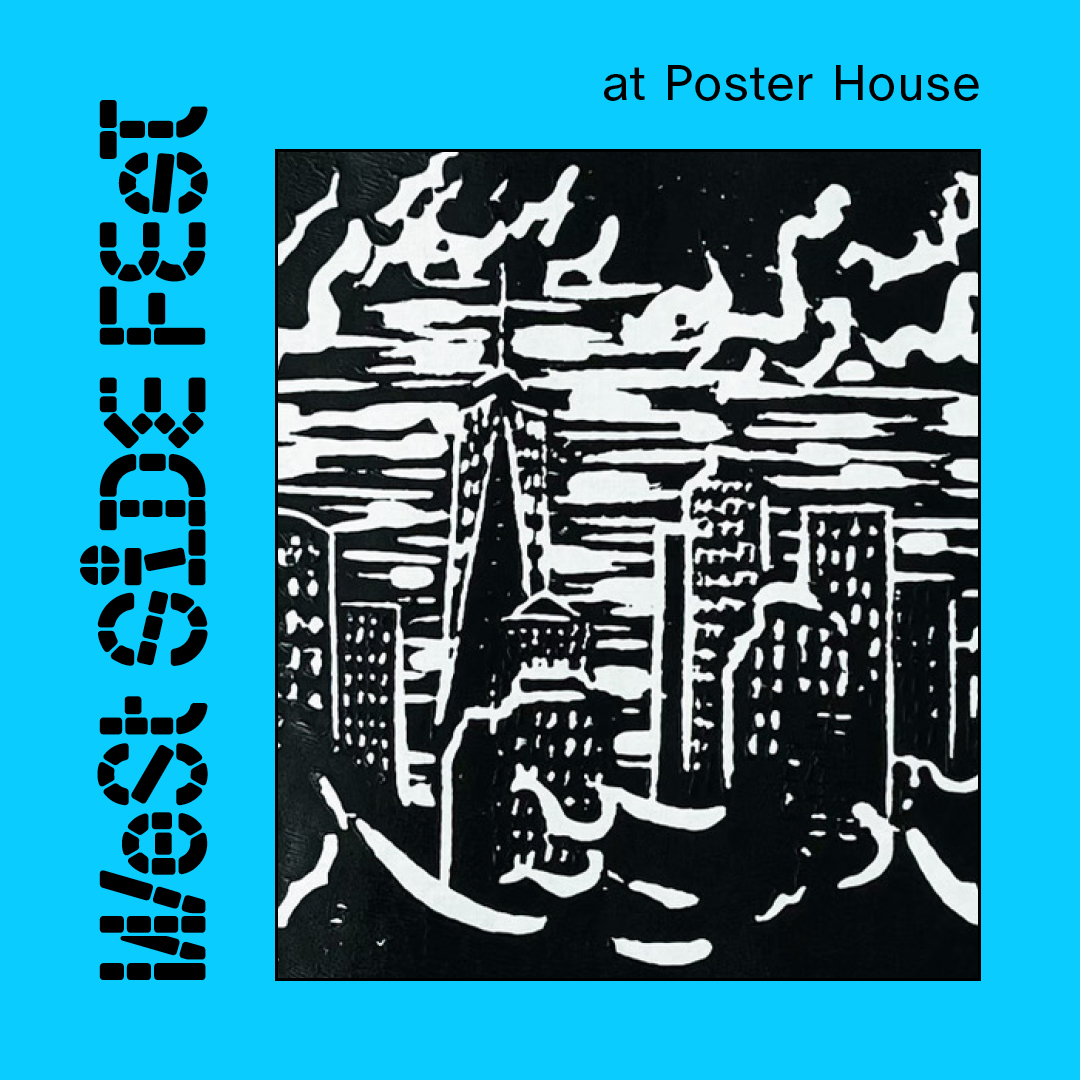A digital teal square and a multicolored image with black lettering