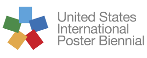 a logo that includes 5 colorful panels arranged in a circle to compose a star, located to the left of gray, sans serif text that reads United States International Poster Biennial
