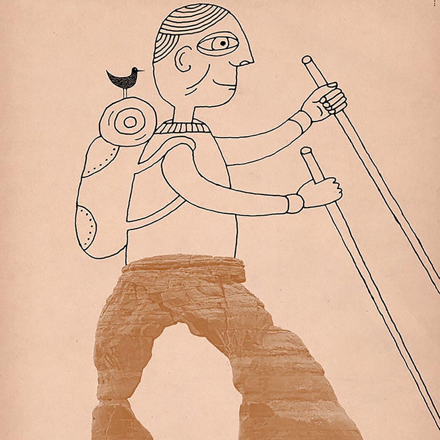 A poster image of a man hiking with walking sticks and a black bird on his shoulder