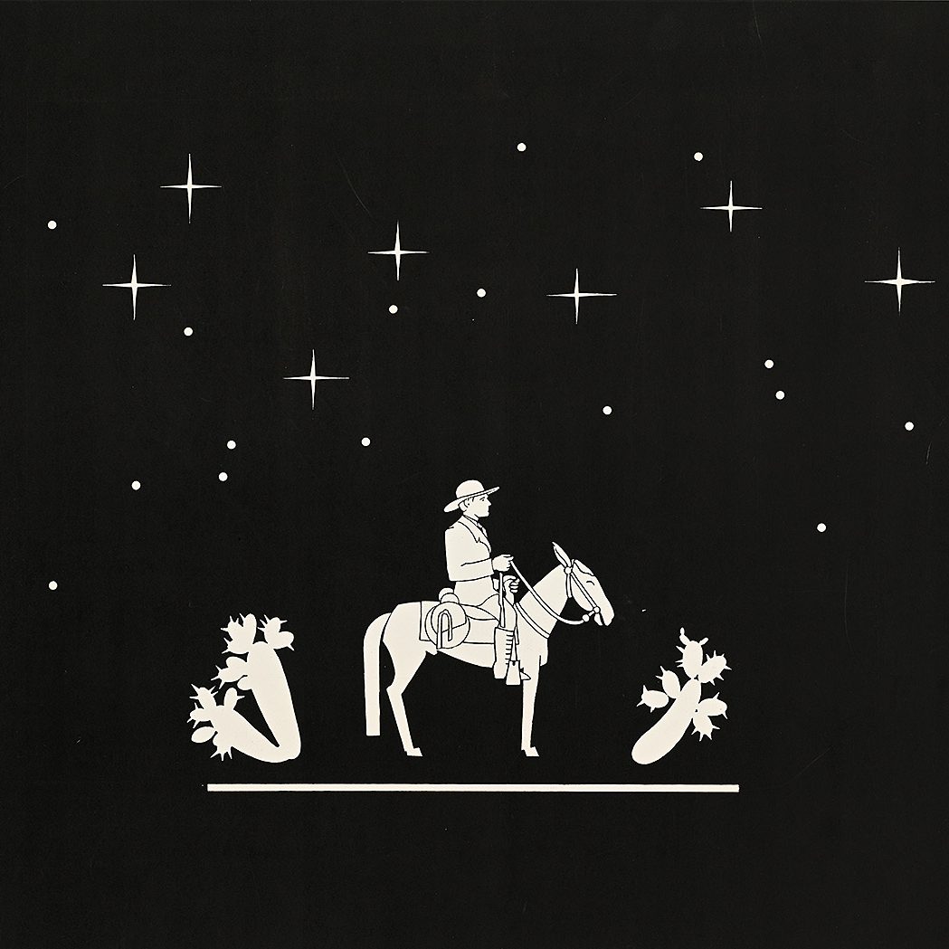A poster image of a stylized cowboy on horseback in the foreground of a night sky with stars