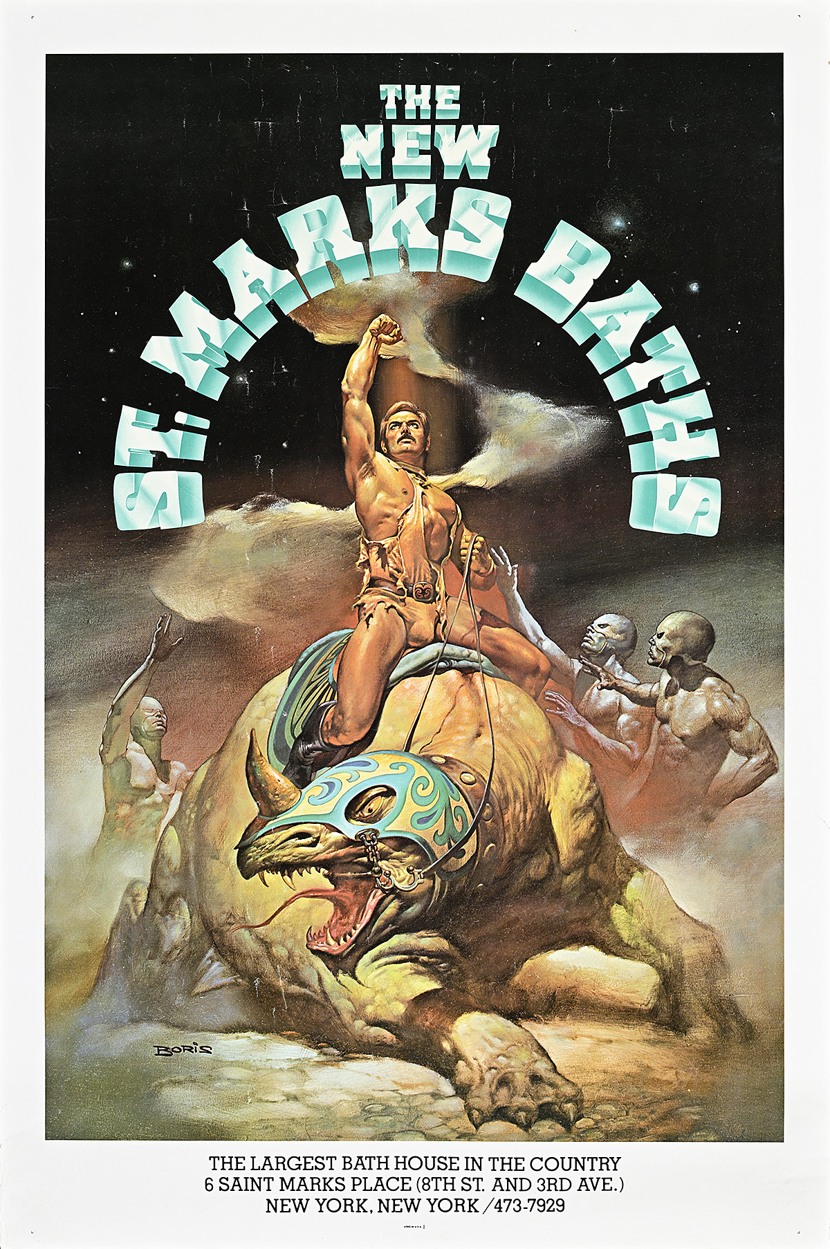 Poster of a heroic man riding a dinosaur.